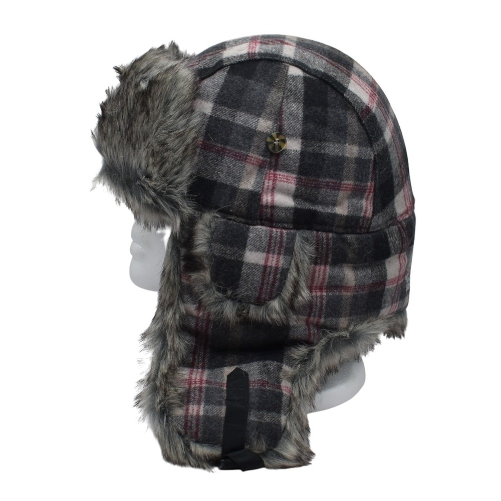 Mad Bomber Wool Blend Warm Trapper Bomber Hat Size L Red Black Grey Plaid NWT